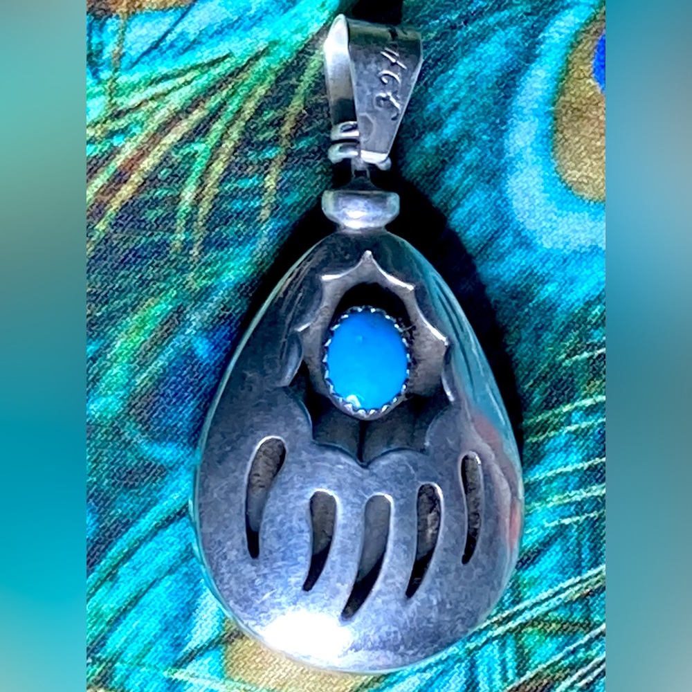 Large FJ Henry  2 Sided Multi Stone Shadowbox Opal Onyx Inlay Bear Paw Pendant